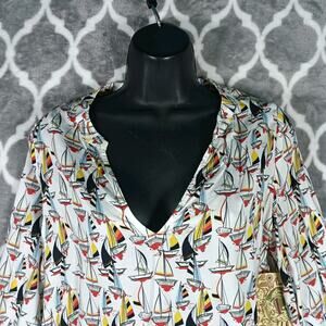 One World Top Women Small White Sailboat Print V Neck Long Sleeve Top